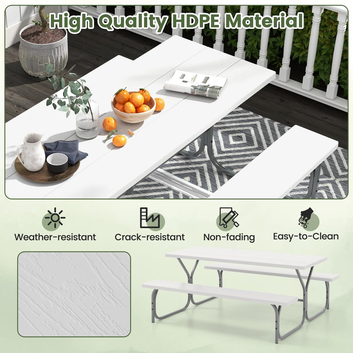 Giantex Picnic Table 6FT for 8 Person, Outdoor Table Set w/ 2 Benches, All-Weather HDPE Rectangular Tabletop, Heavy Duty Metal Legs, Umbrella Hole, for Patio Yard Lawn Party (White)