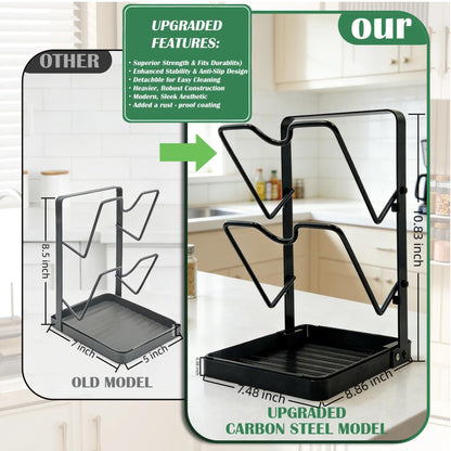 FKSWSQY Pot Lid Holder While Cooking, 2-Tier Heavy Duty Pot Lid Organizer with Drip Tray & U-Shaped Groove, Multifunctional Storage Rack for Stove Top & Kitchen Countertop - Black