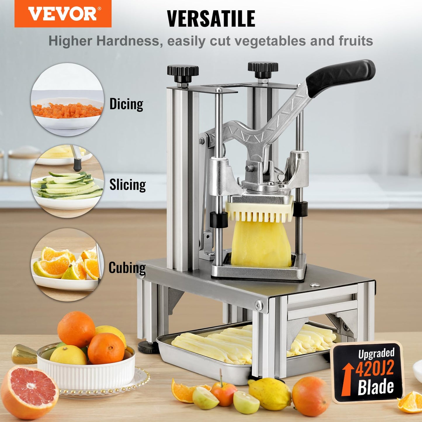 VEVOR Commercial French Fry Cutter with 4 Replacement Blades, 1/4" and 3/8" Blade Easy Dicer Chopper, 6-wedge Slicer and 6-wedge Apple Corer, Lemon Potato Cutter for French Fries with Extended Handle