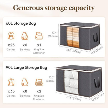 Lifewit Large Capacity Clothes Storage Bag - Reinforced Handle & Clear Window | 90L, Grey, 12 Pack