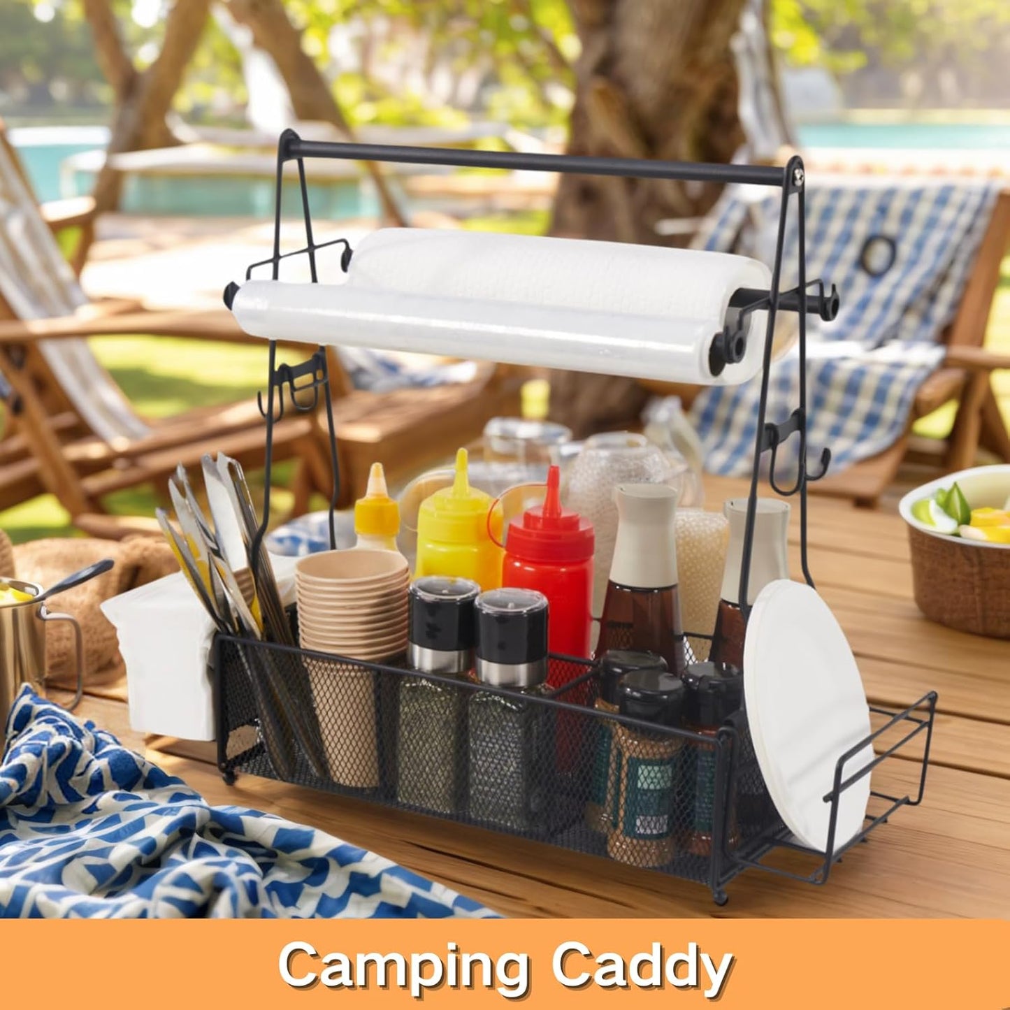 2 Grill Caddy, BBQ Caddy with Paper Towel Holder and Hooks, Grill Utensil Organizer for Camping Outdoor Barbecue