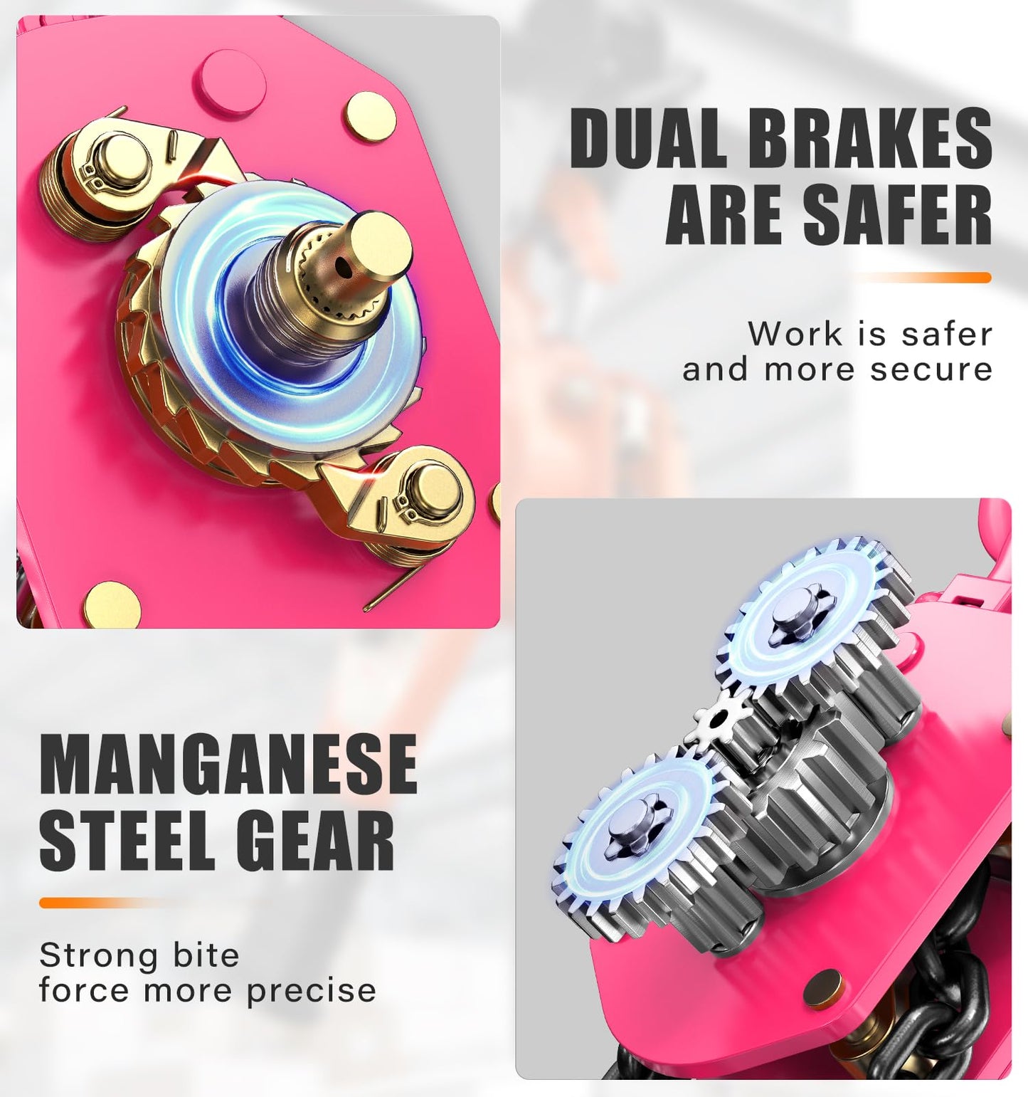 HUGOASIS 3/4 Ton 1650lbs Lever Chain Hoist Capacity 10ft,Chain Come Along with Dual Brake System, G80 Manganese Steel Chain, 2 Heavy Duty Hooks for Garages Warehouse Automotive Machinery – Pink