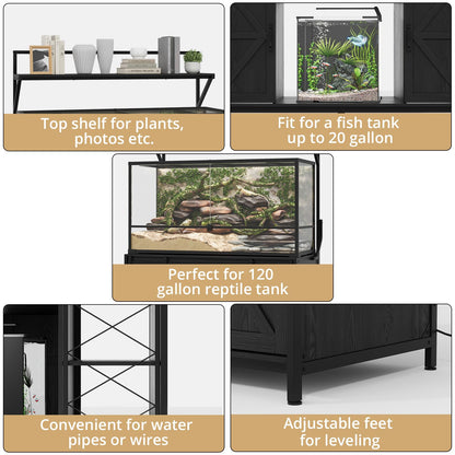 VOWNER Farmhouse Reptile Tank Stand with Power Outlet, 48" X 24" Tabletop Fits up 120 Gallon Bearded Dragon Tank, Heavy Duty Aquarium Stand with Storage Cabinet, Reptile Turtle Terrarium Stand Black