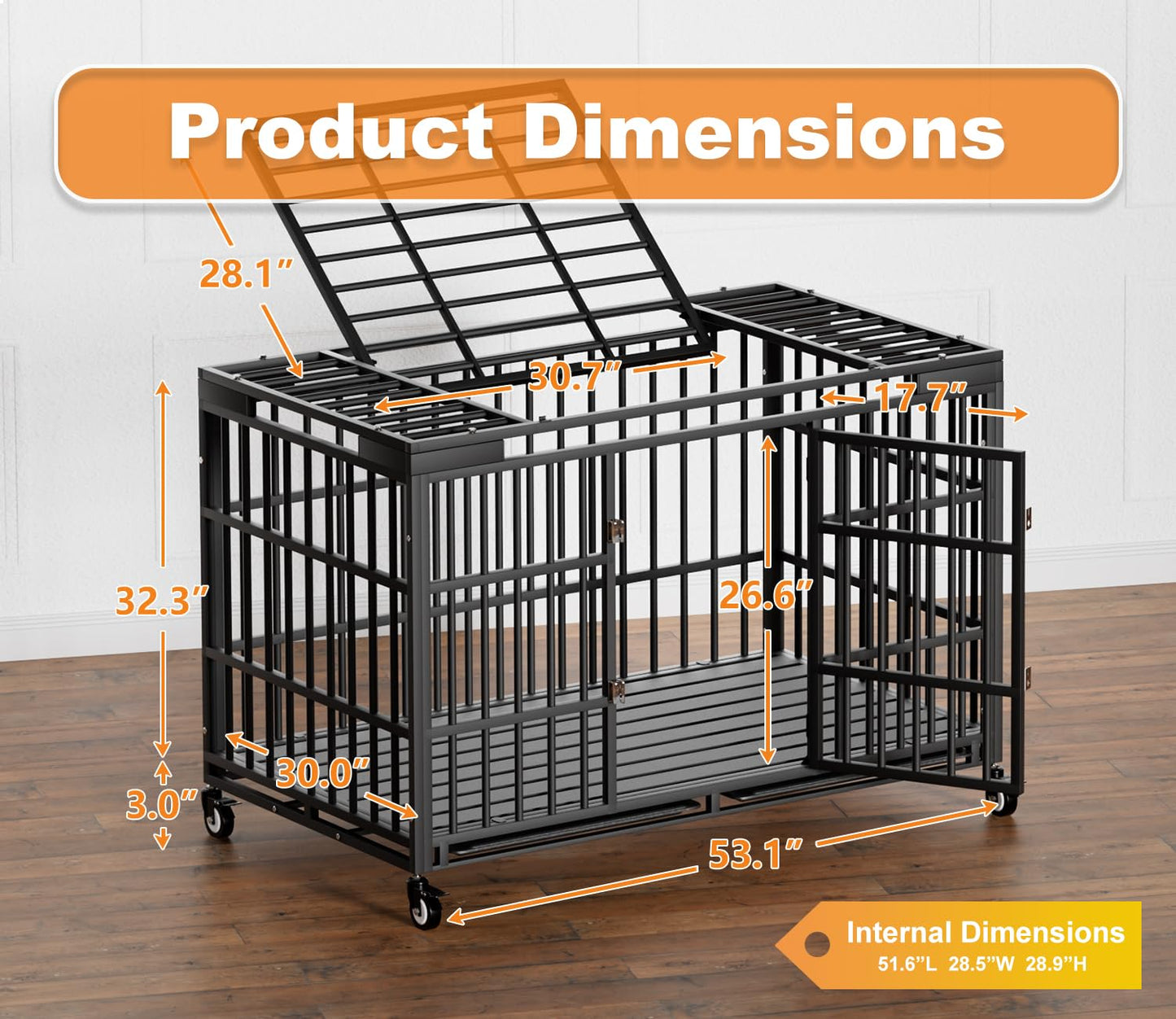 HMHTCT 54 Inch Heavy Duty Dog Crate with Wheels,Indestructible Escape-Proof Dog Kennel with Locking Latch and Double Door,Extra Large XL XXL Crate Indoor for Large and Medium Dog with Removable Tray