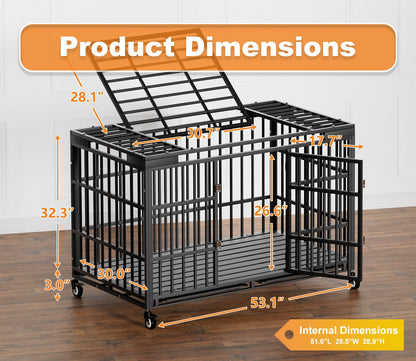 HMHTCT 54 Inch Heavy Duty Dog Crate with Wheels,Indestructible Escape-Proof Dog Kennel with Locking Latch and Double Door,Extra Large XL XXL Crate Indoor for Large and Medium Dog with Removable Tray