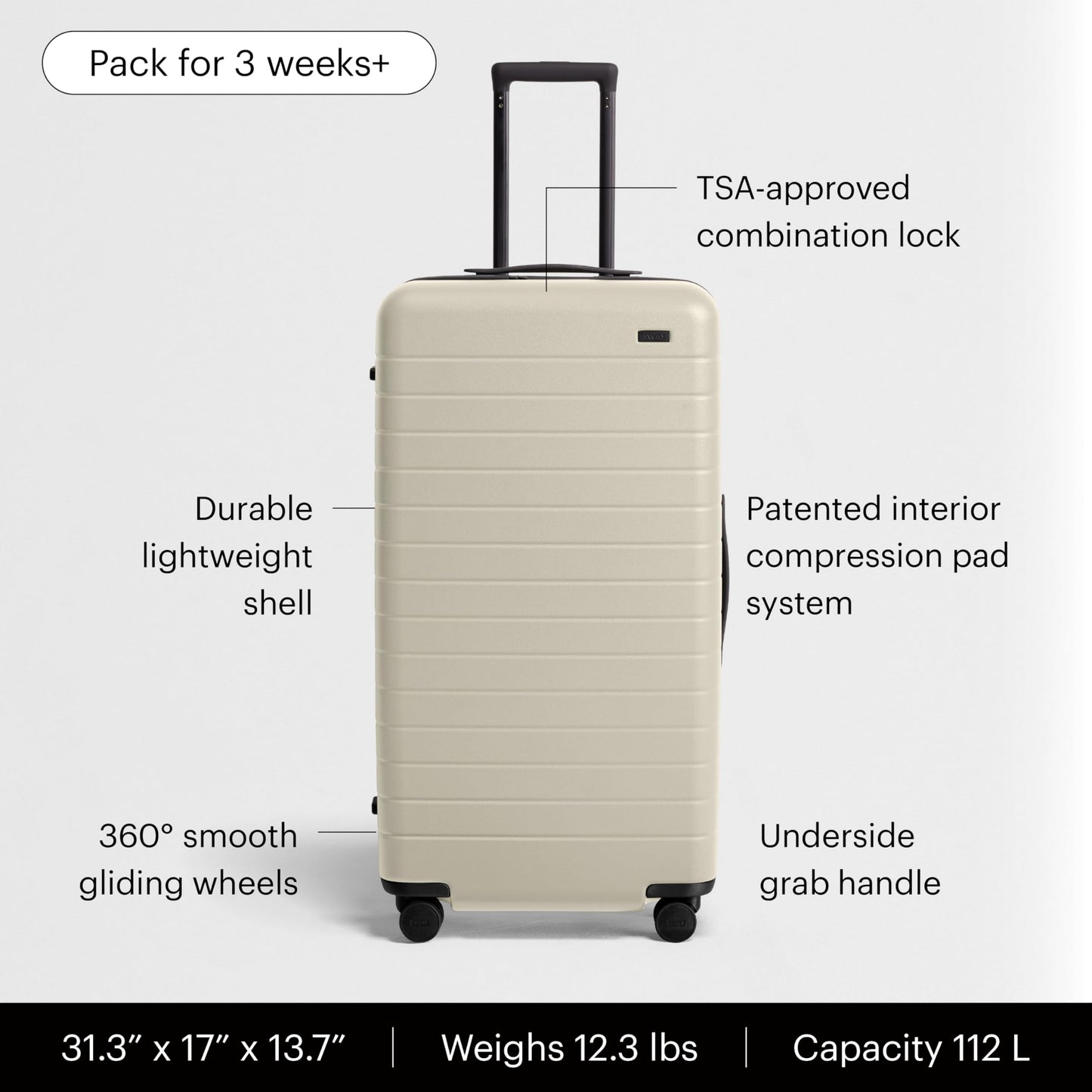 Away Trunk Checked Luggage - 31-Inch Lightweight Hardside Suitcase with 360° WhisperGlide Spinner Wheels, Interior Compression System, TSA-Accepted Lock - Salt White