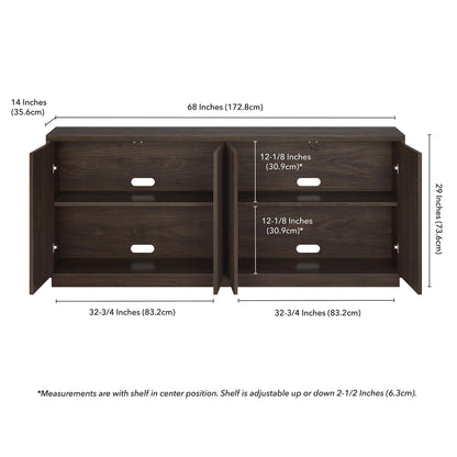Henn&Hart 68" Fluted Sideboard Buffet Cabinet, Modern Ribbed Wooden Credenza with 4 Doors, Adjustable Shelves, and Cable Management Cut-Outs for Dining Room, Living Room or Entryway, Rich Brown