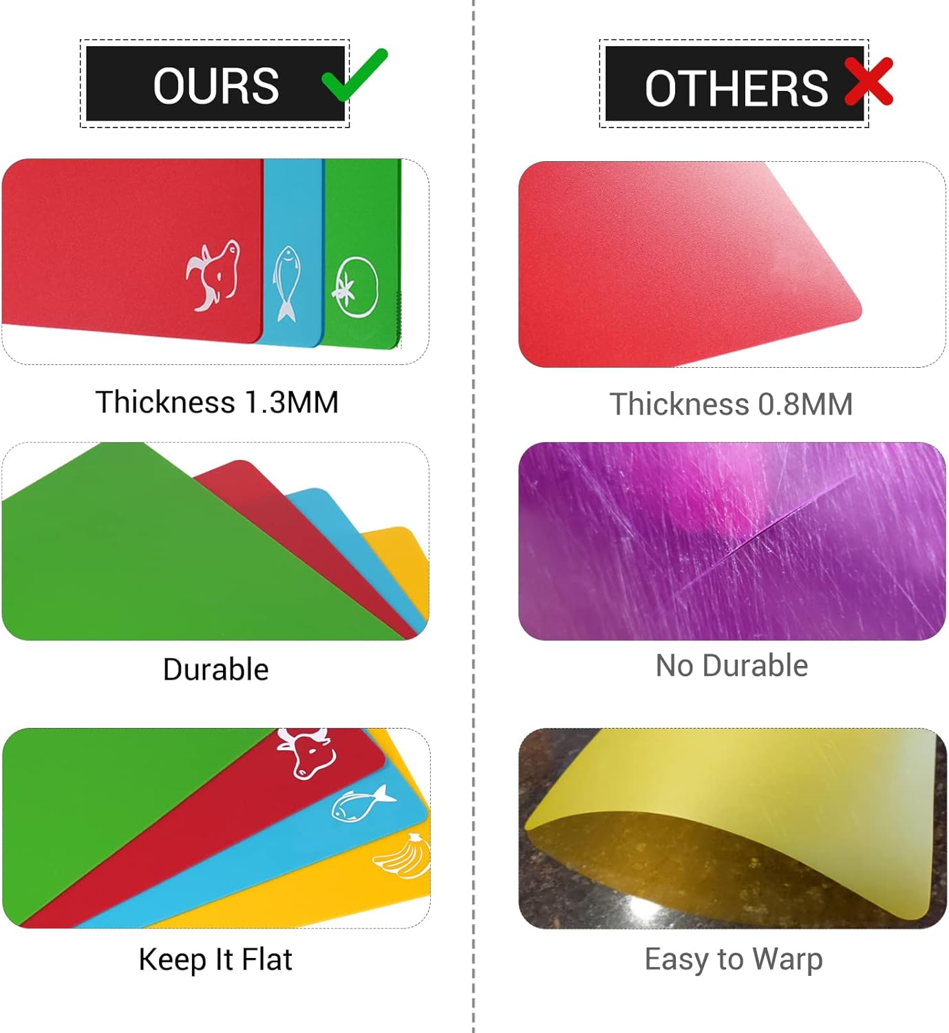 Kitchen Plastic Cutting Board Set, Extra Thick Flexible Non-Slip Chopping Board with Colored Icons, Set of 4