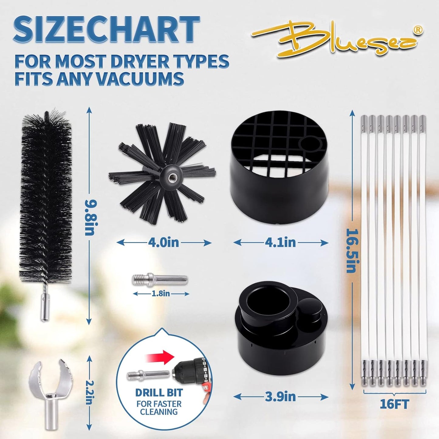 Bluesea 7 Pieces 16 Feet Dryer Vent Cleaner Kit, Durable Nylon Brush Vacuum Attachment with Flexible Lint Trap
