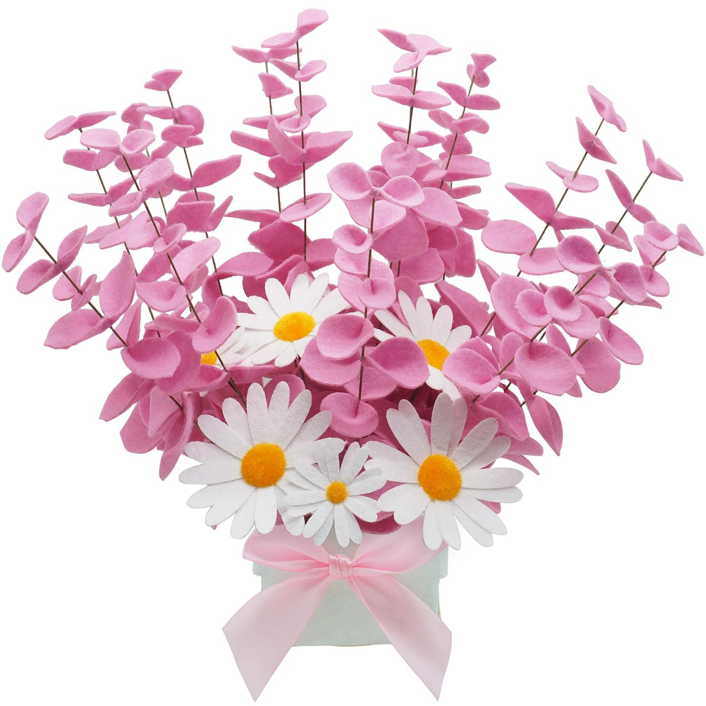 BAZIMA Felt Eucalyptus Daisy Bouquet,Felt Flowers,Multi-Color Felt Leaves,DIY Bouquet,Artificial Flower Bouquet with Flower Pot,Floral Gifts,15 Eucalyptus and 8 Daisies kit (Pink)