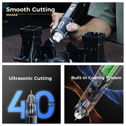 2-in-1 wireless ultrasonic cutter, 40kHz, 30W high power, 1000mAh battery, with AC adapter and USB cable. Features cooling system, smart start-stop and LCD display, can cut a variety of materials.