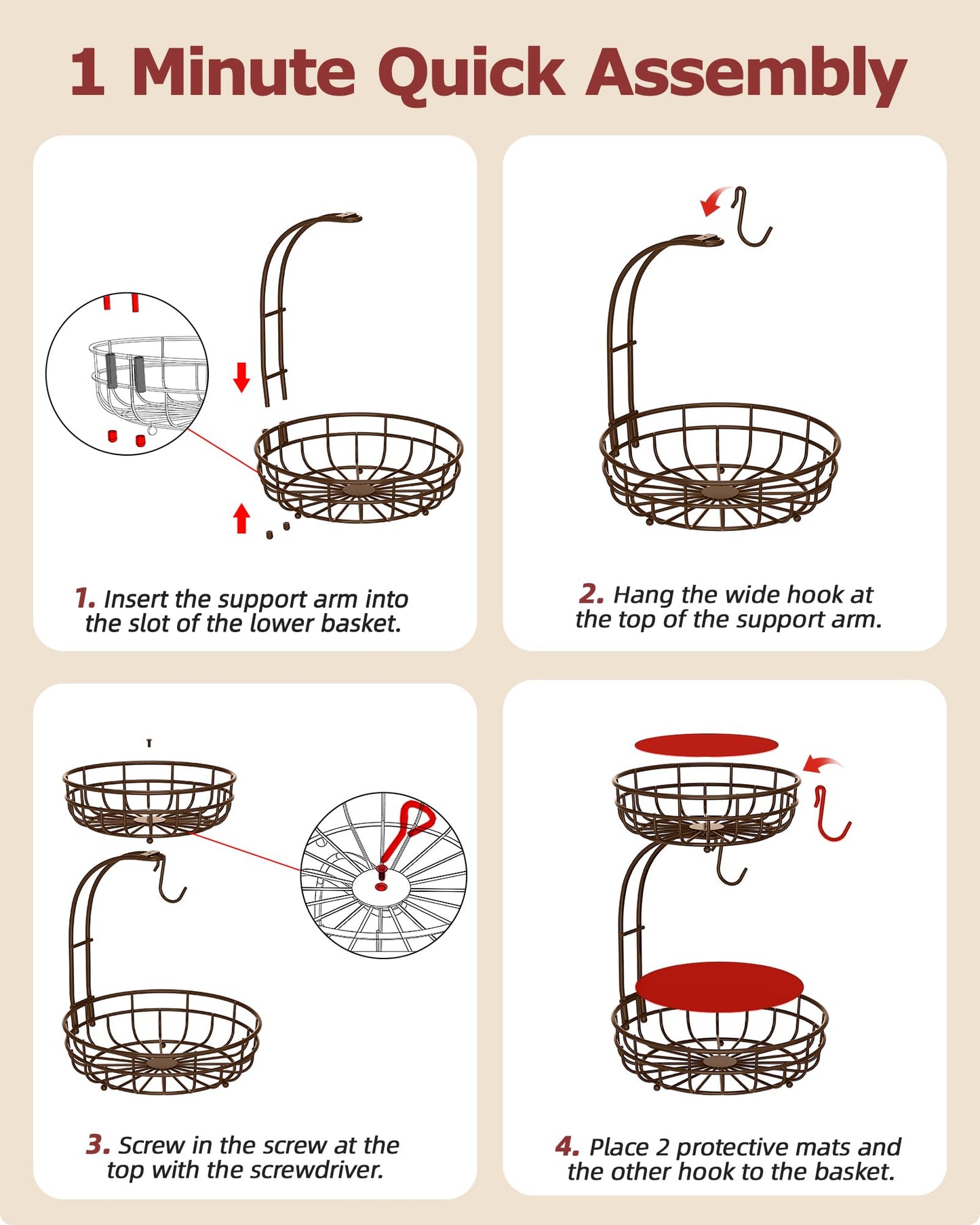 Sevenblue 2 Tier Large Fruit Basket for Kitchen Counter with Removable Banana Hanger - Sturdy Iron Fruit Bowl for Kitchen Counter and Vegetable Holder, Brown, Extra Large
