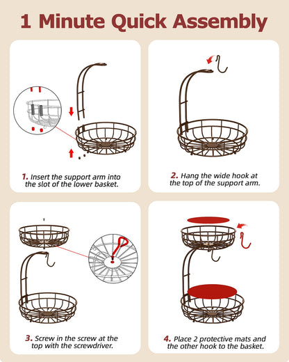 Sevenblue 2 Tier Large Fruit Basket for Kitchen Counter with Removable Banana Hanger - Sturdy Iron Fruit Bowl for Kitchen Counter and Vegetable Holder, Brown, Extra Large