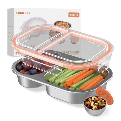 CODIEKEY Snackle Box Container,Dishwasher,Reusable Snack Containers With Lids,2 Compartment Stainless Steel Snack Containers,Fruits, Snacks,Nuts,Salad,travel,800ML,White&Orange,1 Pack