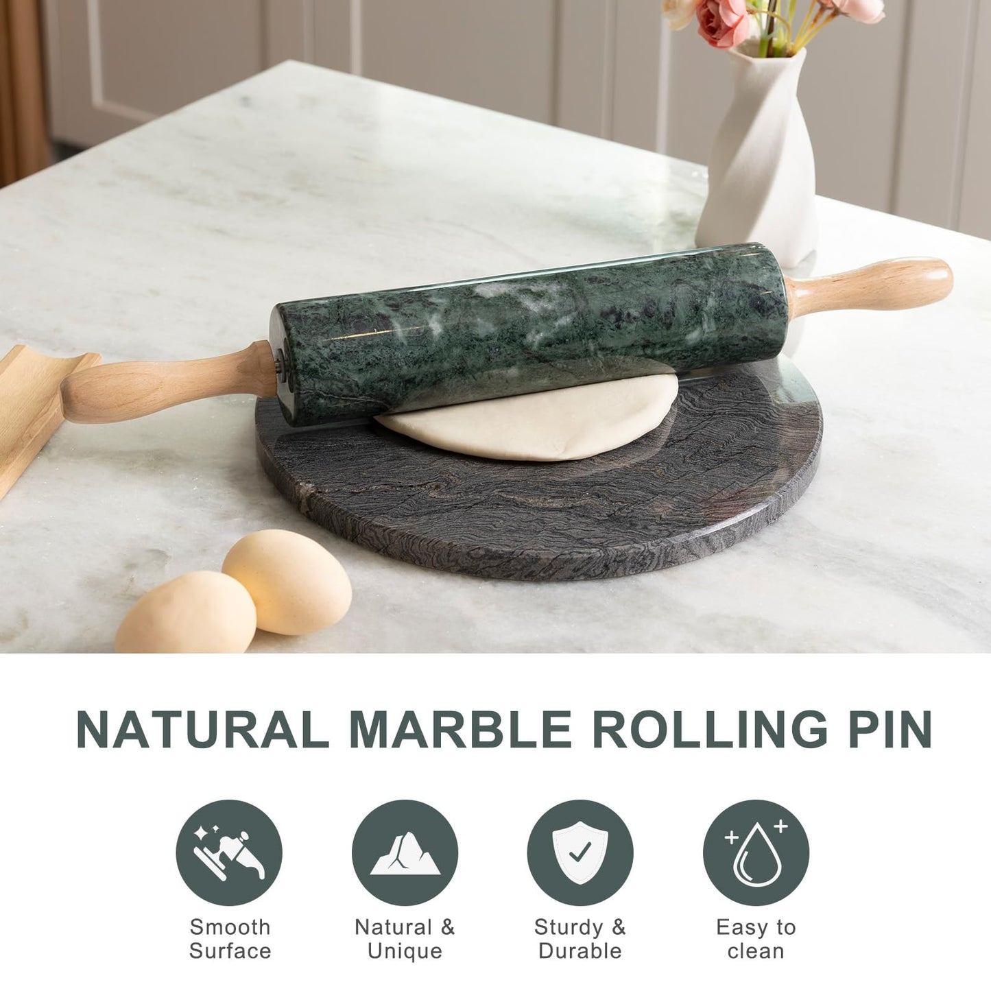 Koville Indian Green Marble Rolling Pin, Non-Stick Stone Dough Roller, 18 Inch Rolling Pin for Baking,Pasta, Dumpling, Ravioli, Fondant,Pie Crust, Kitchen Baking Pastry Tools, Kitchen Essential