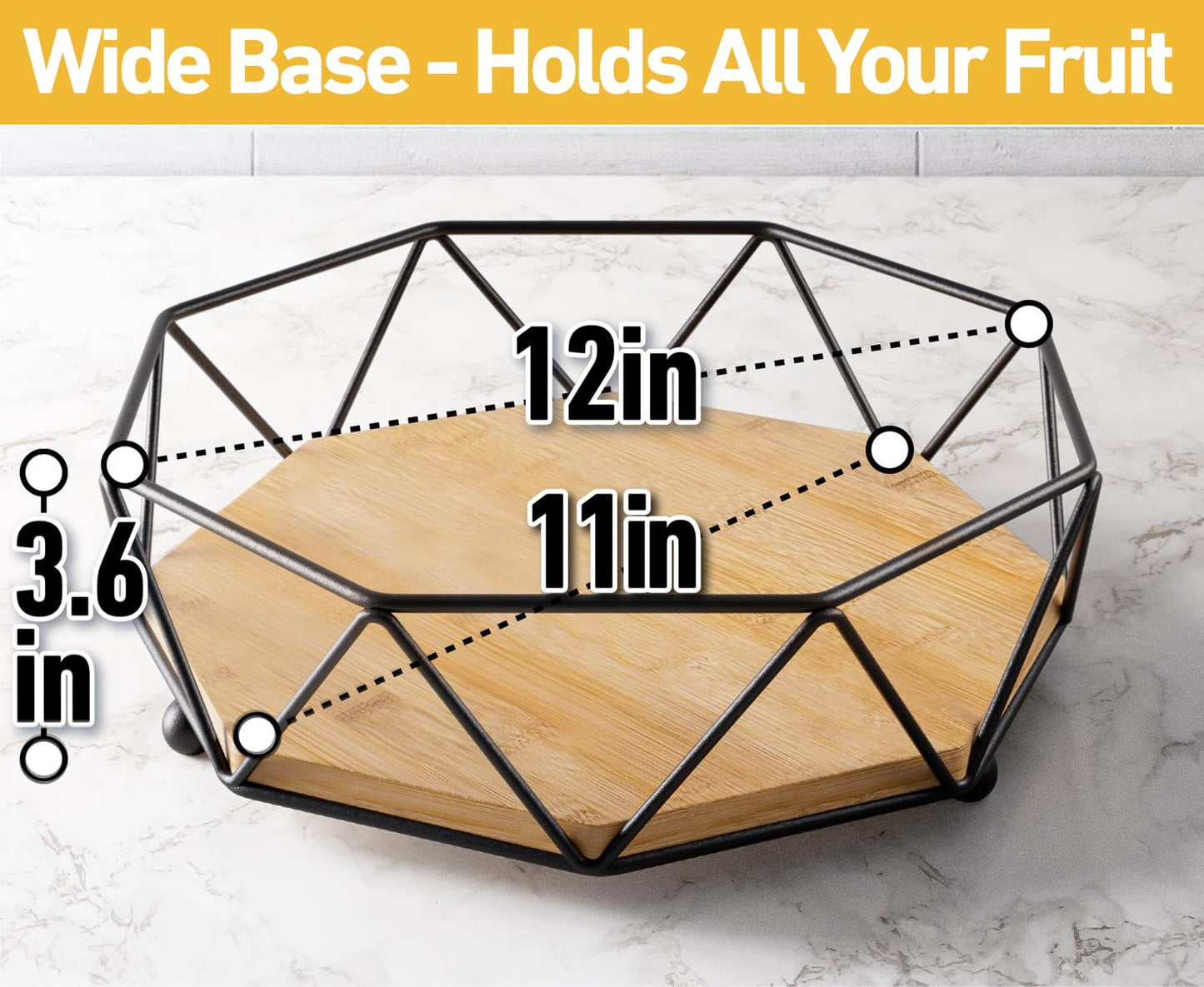 Fruit Bowl for Kitchen Counter - 12"W Metal & Wood Modern Fruit Bowl for Table - Large Produce Basket for Kitchen Counter - Stylish Wood & Black Decorative Bowl - Dining Table Centerpiece Decor Bowl