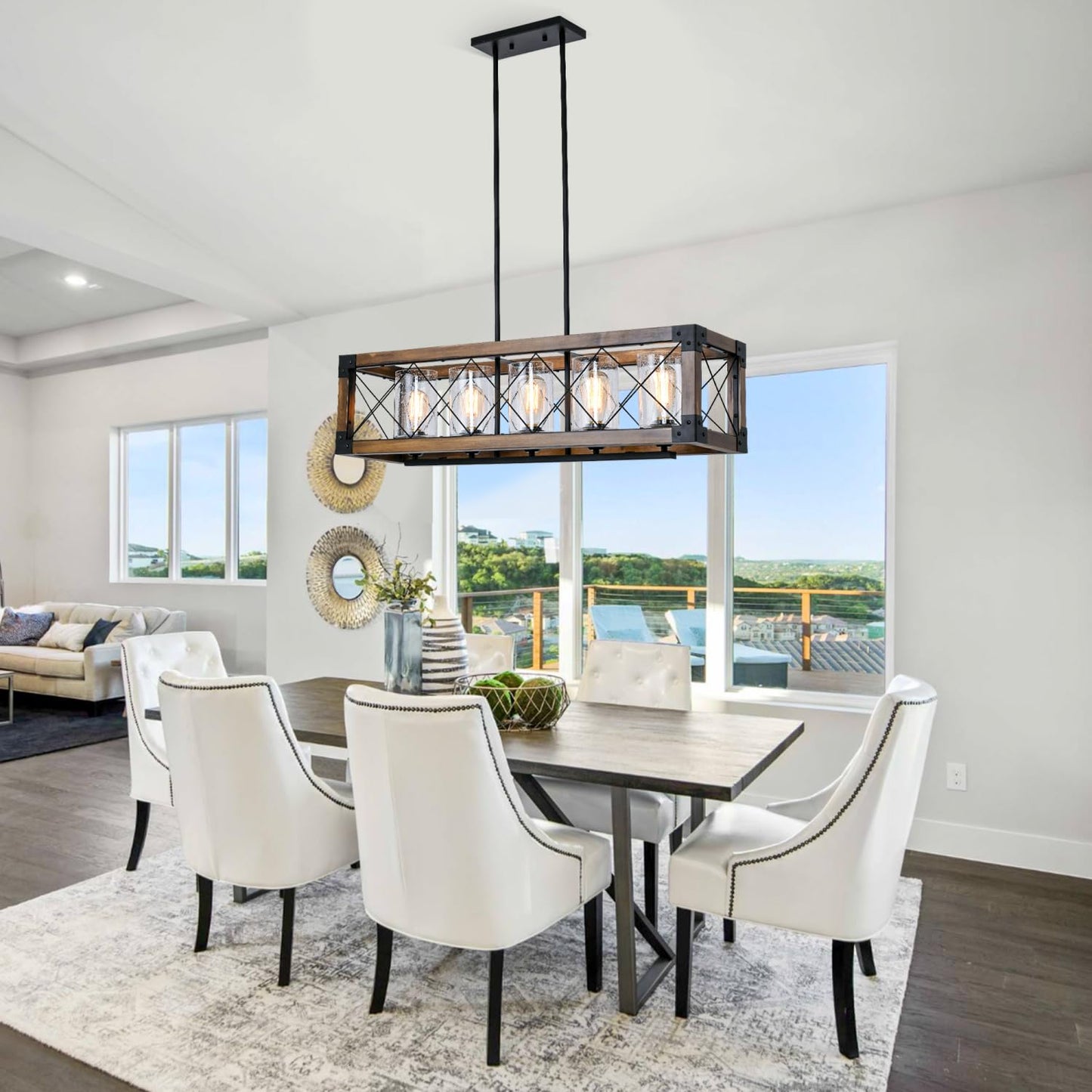 WJShome 35" Farmhouse Chandelier, 5-Light Kitchen Island Lighting, Modern Rectangular Dining Room Light Fixture, Rustic Wooden Chandeliers, Linear Pendant Light, with Clean Glass Shade