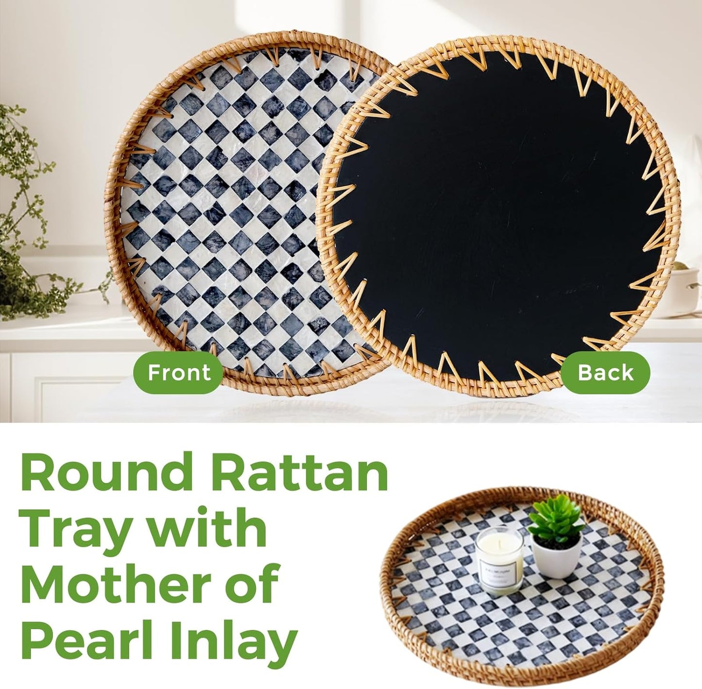 13.8 in Round Rattan Tray with Mother of Pearl Inlay, Wicker Serving Tray Mother for Decor, Rattan Round Wicker Coffee