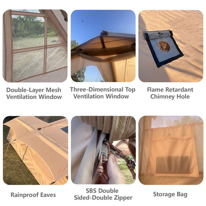 Inflatable Tent for Camping Large Blow Up Tent Glamping Tent 4-8 Person House, Easy Set up Waterproof Outdoor Oxford Tents, 4 Season Air Tents with Pump (130 sq ft Beige Air Tent)