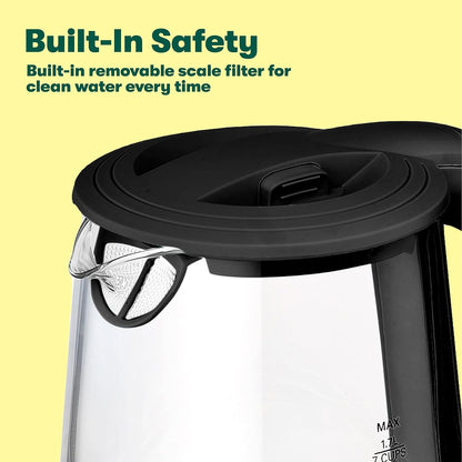 BELLA 1.7 Liter Glass Electric Kettle, Quickly Boil 7 Cups of Water, Auto Shut-Off, Black