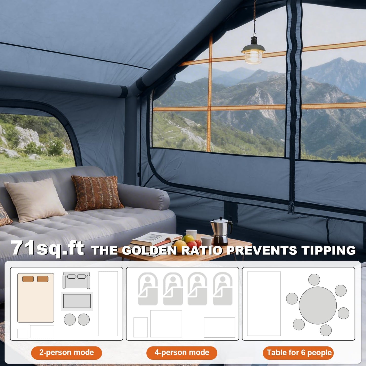 4-6 Person Inflatable Tent for Camping with Stove Jack, Hand Air Pump Easy Setup Blow Up Tents for 4 Seasons Waterproof Inflatable Air House Tent for Outdoor Adult