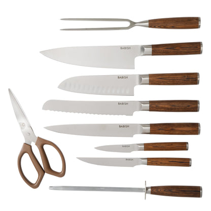Babish High-Carbon 1.4116 German Steel 15 Piece Full Tang Forged Cutlery Kitchen Knife Block Set - Dark Pakka Wood Handle