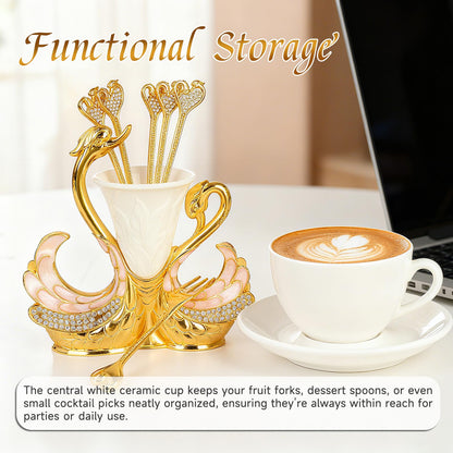 Gold Dessert Forks, Swan Base With 6 Pcs Mini Forks Set,4.5" Charcuterie Forks- Very Suitable for Dessert Shops or Family Use