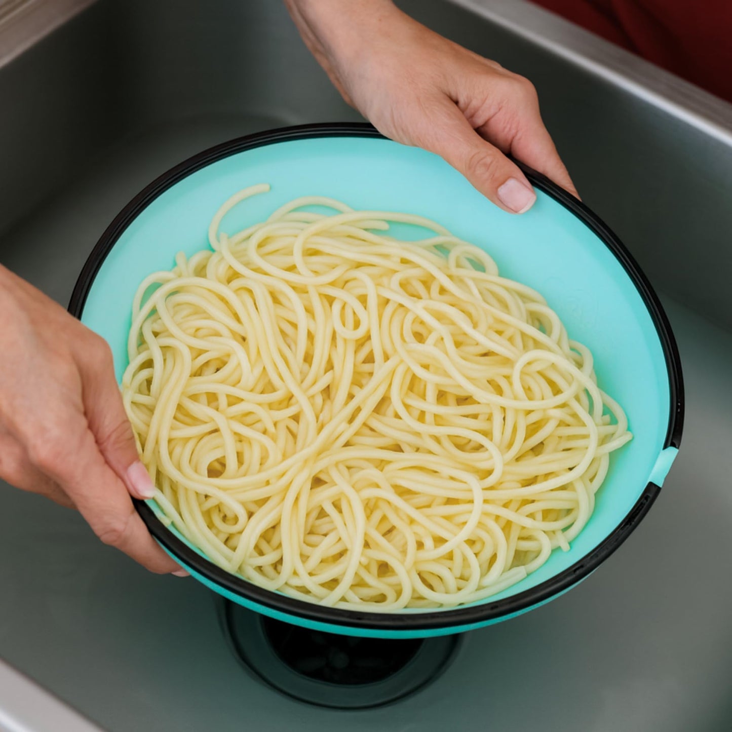 BUUBLE Ultimate Grease Drainer & Food Strainer (Aqua) Premium Heat-Resistant Silicone Colander for Bacon, Ground Beef, Pasta & Veggies; Fits Pans, Cans & Jars; Dishwasher Safe