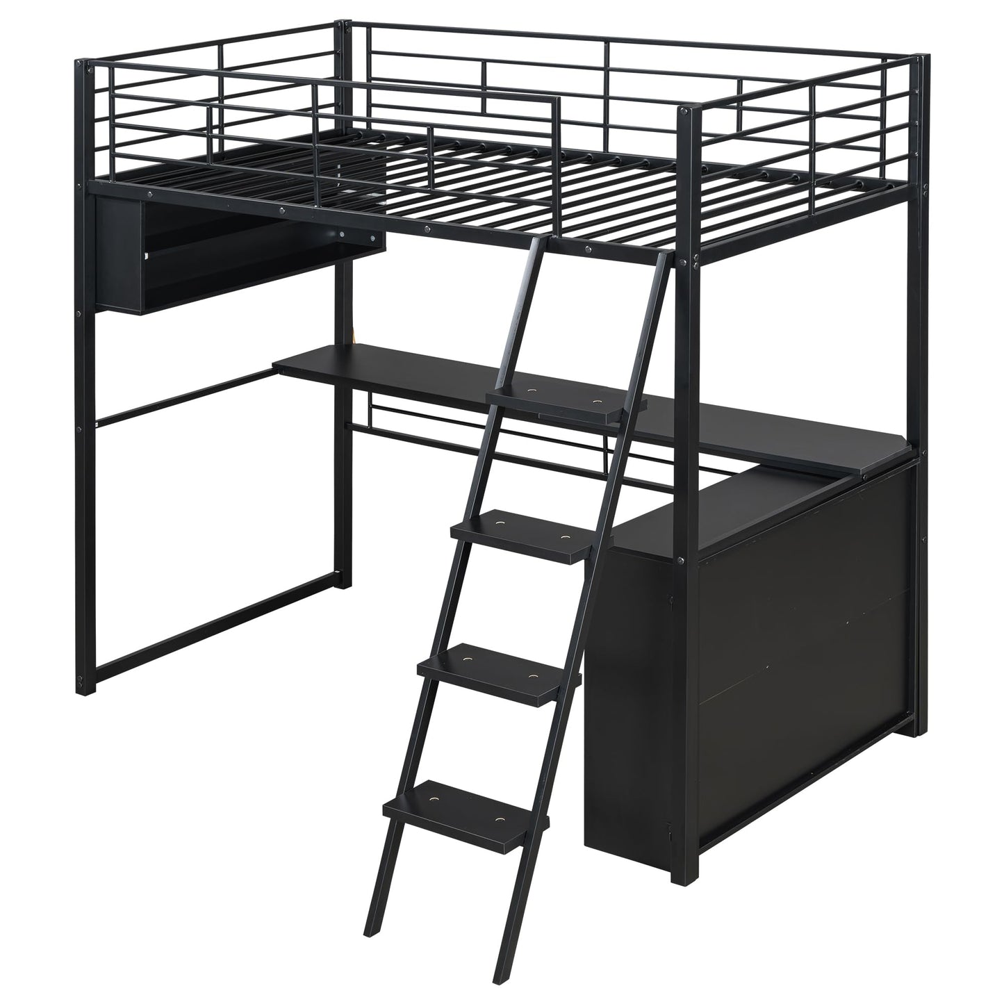Merax Twin Size Metal Loft Bed with LED, Desk, 4 Storage Shelves, Full-Length Guardrails and Ladder for Kids Teens Adults, Black