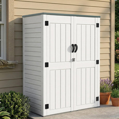 EHHLY Vertical Resin Storage Shed with 2 Shelves, 60 Cuft Garden Tool Sheds & Outdoor Storage, Plastic Outdoor Storage Cabinet Waterproof, 4.5 x 2.3 ft Outside Lawn Mower Storage Shed, Light Grey