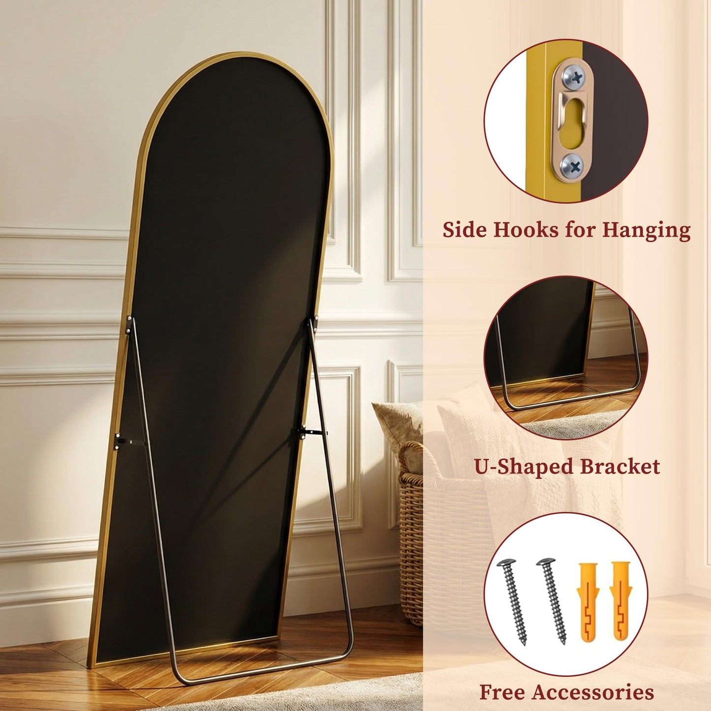 Suidia 76"x44" Arched Full Length Mirror with Stand, Full Body Mirror with Aluminum Frame, Freestanding/Leaning/Wall-Mounted, Floor Mirrors for Bedroom, Living Room, Entryway, Dressing Room, Gold