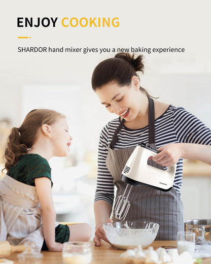 SHARDOR Hand Mixer Electric, 6 Speed & Turbo Mixer Electric Handheld, Snap-On Storage Case,5 Stainless Steel Accessories for Whipping, Mixing Cookies, Brownie, Cakes, Dough Batters, White