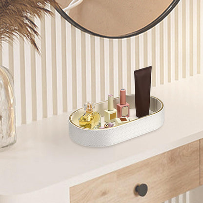 Hipiwe PU Leather Valet Tray with Gold Line Perfume Vanity Tray Catchall Tray for Jewelry Trinket Oval Bedside Nightstand Organizer for Home Decor, White