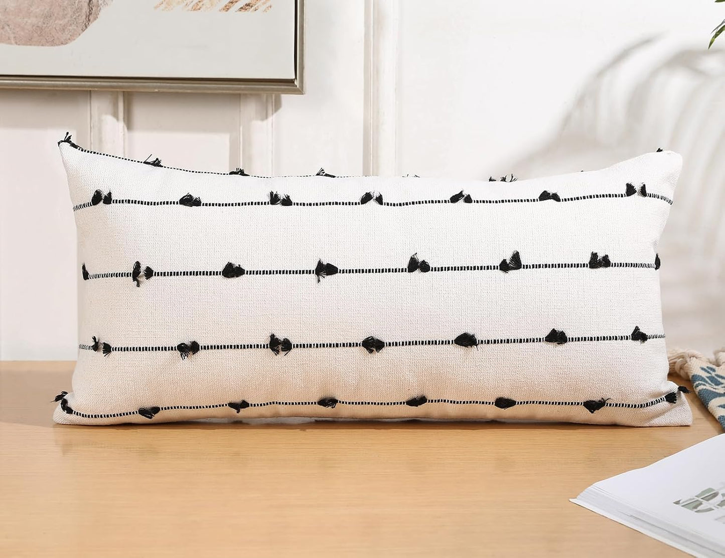 14 28 Inch 1 Pack NUYECY Boho Long Lumbar Pillow Covers x Black, Classic Striped Pattern Cotton Decorative Pillow Cover