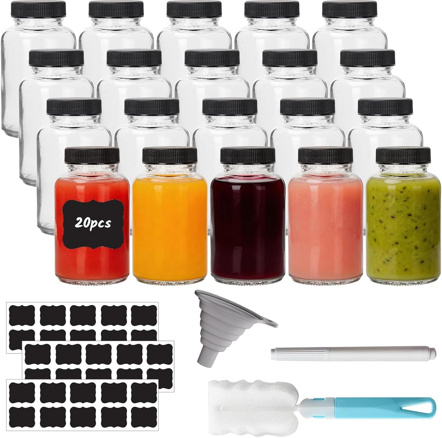 20 4 oz pcs Mini Glass Juice Bottles with Caps for Juicing & Smoothies, Reusable Empty Clear Bottles with Label, Funnel