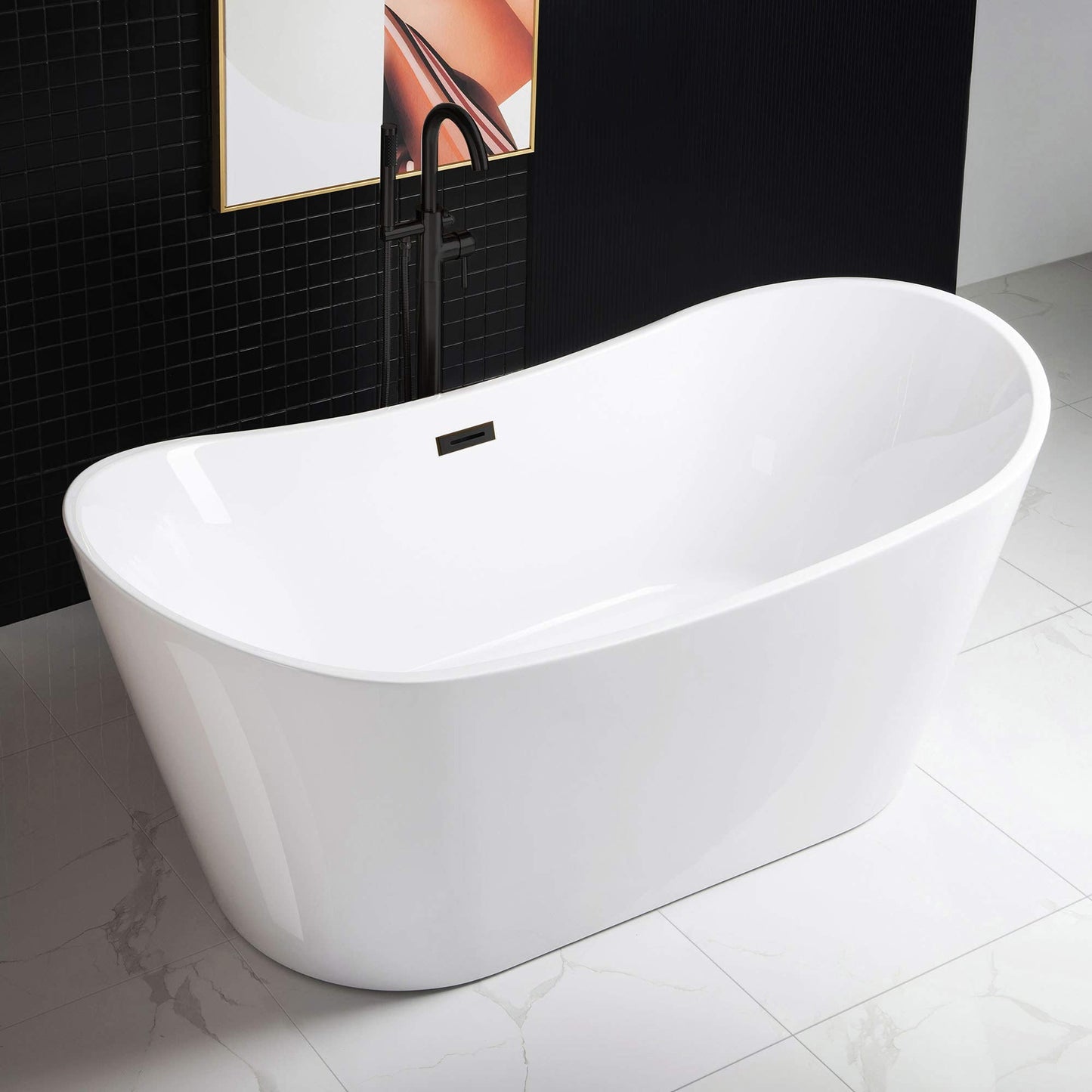 WOODBRIDGE 67" Acrylic Freestanding Bathtub Contemporary Soaking White Tub with Oil Rubbed Bronze Overflow and Drain，BTA1515-ORB-Drain&O