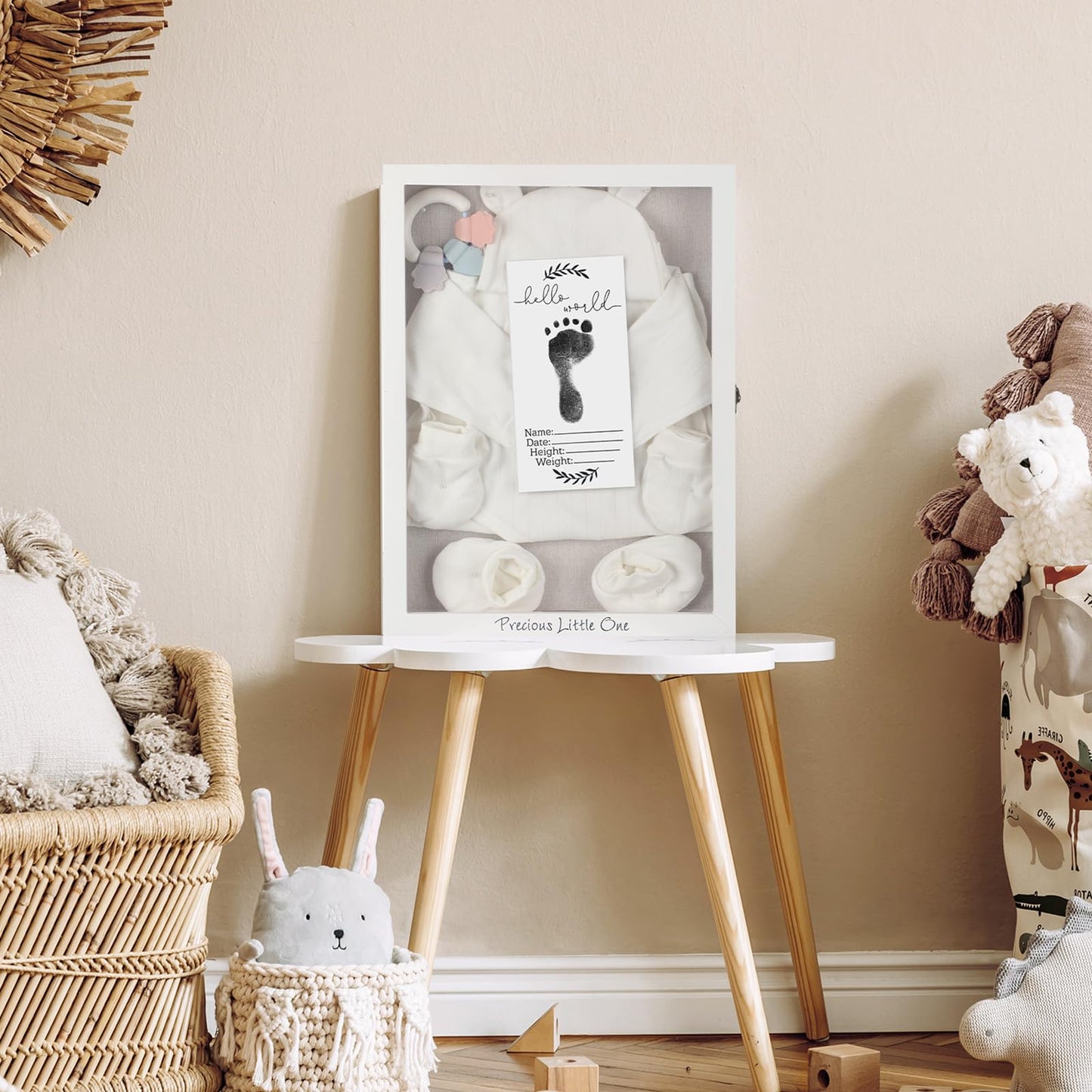 Jetec 12 x 16 Baby Shower Shadow Box Large Baptism Gift Baby Keepsake Box with Linen Back Hello World Newborn Sign Ink Pad Wood Memory Frame Case for Gender Reveal New Dad Mom Keepsake(White)