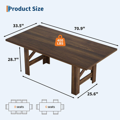 GarveeHome Dining Table for 6-8, 71" Long Large Wooden Farmhouse Kitchen Table with Thick Sturdy Frame, Rectangular Dining Room Dinner Table with Stable Triangular Legs for Kitchen,Office, Retro Brown