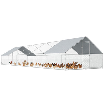 PawHut Large Chicken Coop Metal Chicken Run with Waterproof and Anti-UV Cover, Spire Shaped Walk in Fence Cage Hen House for Outdoor and Yard Farm Use, 1" Tube Diameter, 9.8' x 32.8' x 6.4'