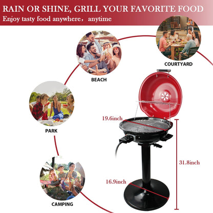 Electric Grill, Techwood Indoor/Outdoor Electric BBQ Grill, 1600W Portable Removable Stand Grill with Adjustable Heat & Drip Tray, Double Layer Design for Party, Patio & Backyard (Red)