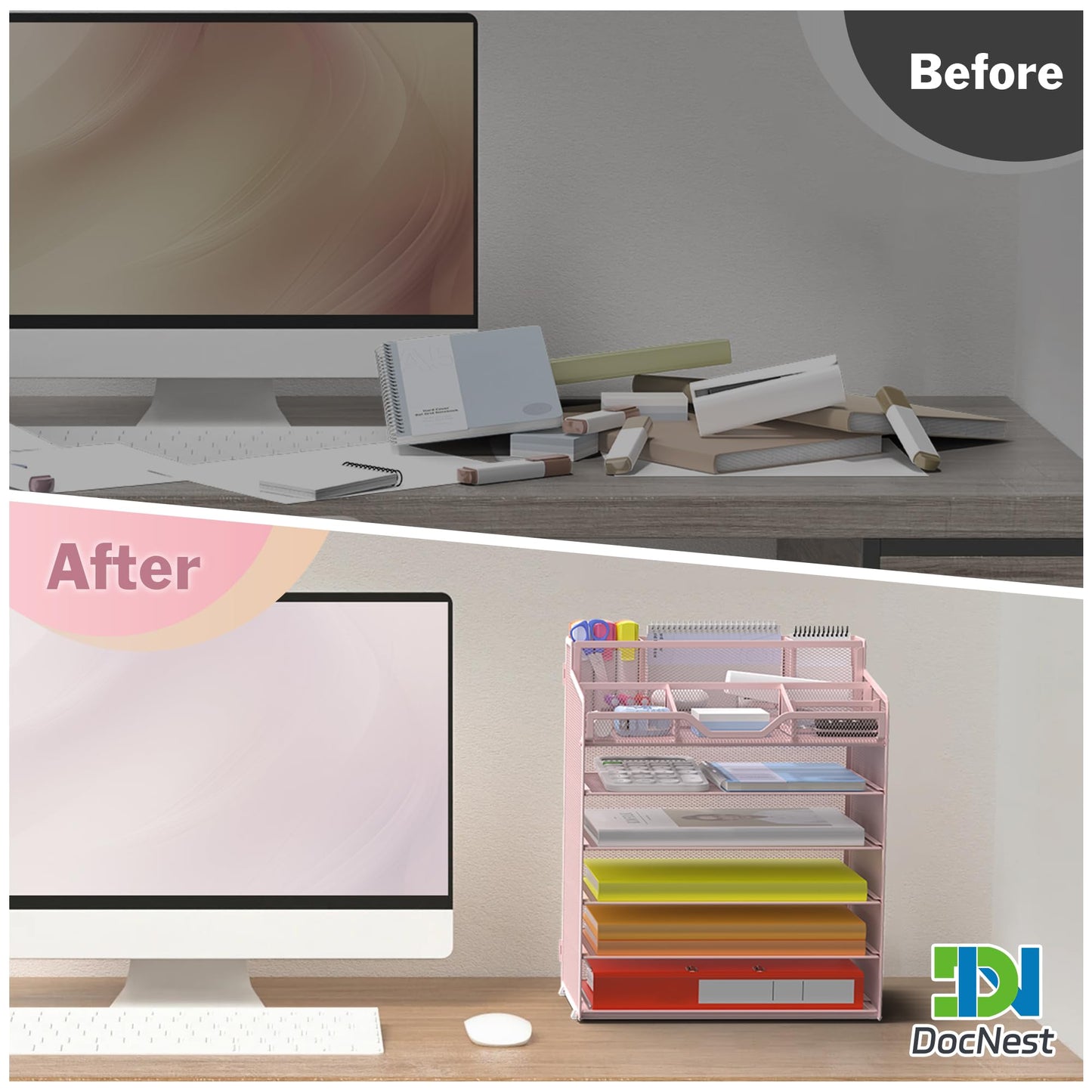 Docnest 6 Tier Mesh Desk Organizer for Paper Office Supplies – Multi-Functional Letter Tray with 5 Adjustable Compartments, 9 Pen Holders, Desktop Storage for Files, Mail, Stationery – Pink
