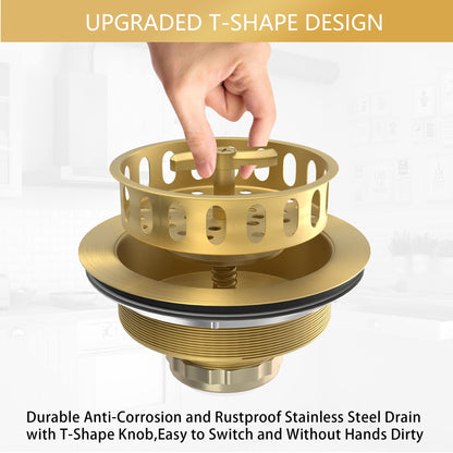 Exakey Gold Sink Drain Strainer 3-1/2 Inch Kitchen Sink Drain Assembly Kit with Stainless Steel Strainer Basket and Drain Stopper for Standard Kitchen Sink Brushed Gold