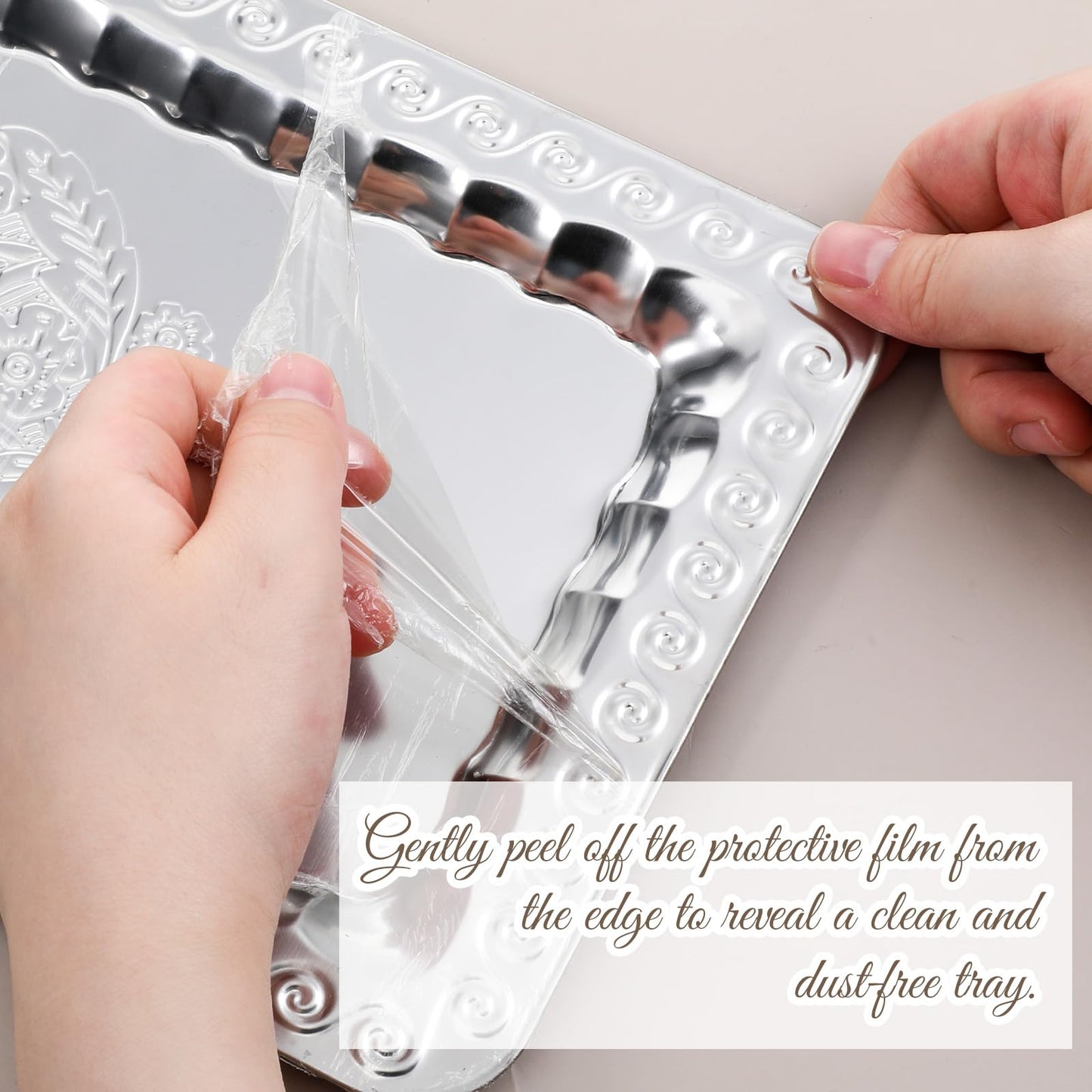 6 Pcs Silver Serving Trays, 13.8" x 8.7" Stainless Steel Rectangle Serving Tray, Decorative Silver Plates, Swirl Floral Engraved Tray, Metal Sizzler Plates for Coffee Table, Bar, Party, Club, Home