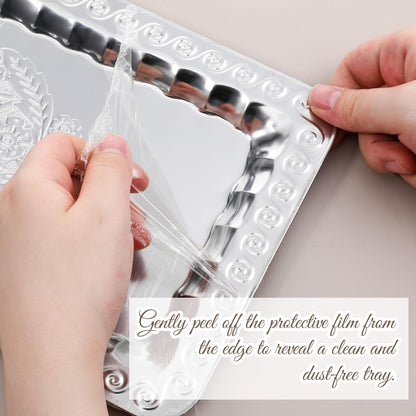 6 Pcs Silver Serving Trays, 13.8" x 8.7" Stainless Steel Rectangle Serving Tray, Decorative Silver Plates, Swirl Floral Engraved Tray, Metal Sizzler Plates for Coffee Table, Bar, Party, Club, Home