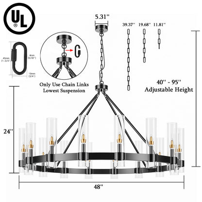 AEULYTIR 48 Inch Black Wagon Wheel Chandelier with Glass Shade, 16 Lights, Modern Farmhouse Style, Ideal for Dining Room, Kitchen, Entryways