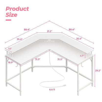 Huuger L Shaped Gaming Desk with Power Outlets & LED Lights, Computer Desk with Monitor Shelves, Carbon Fiber Surface, Home Office Desk, Corner Gaming Desk with Hooks, Carbon Fiber White