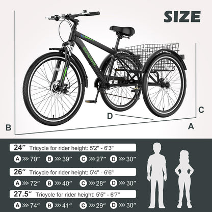 ABORON Adult Mountain Tricycle, 7-Speed 3-Wheel Mountain Bikes 24/26/27.5inch Available, Front Suspension, Disc Brake