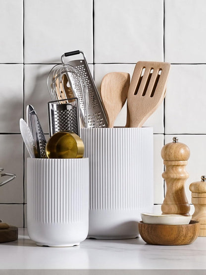 LE TAUCI Utensil Holder, 7.3"+5.4" Ceramic Kitchen Utensil Holder for Countertop, Large Cooking Utensil Crocks for Kitchen Counter Decor, Morden Utensil Organizer for Spatula, Set of 2, White