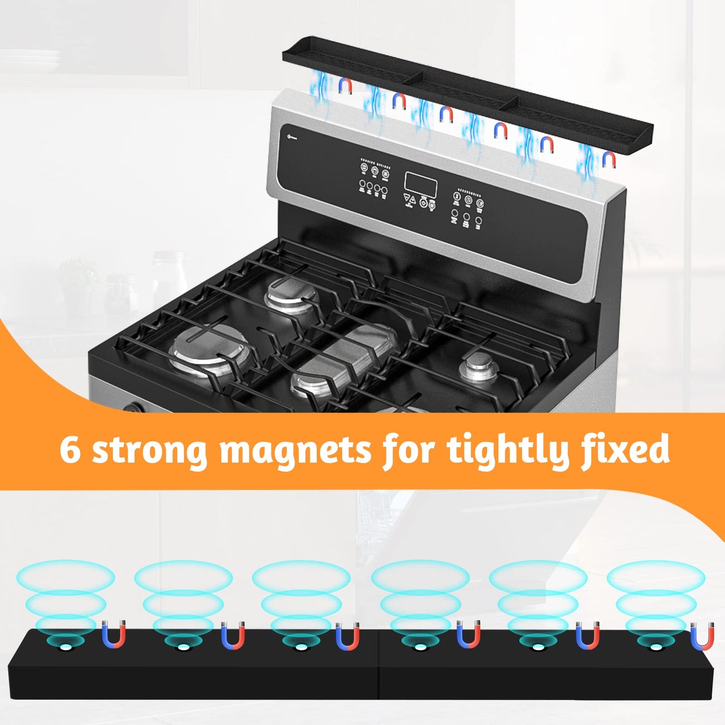 Magnetic Stove Top Shelf 30 Inch - Heat Resistant Silicone Over the Stove Shelf Spice Rack Organizer - 3 Functional Partitions Kitchen Organization and Storage for Spices, Oils & Gadgets (Black)