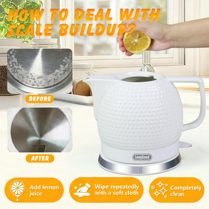 LONGSEED Electric Kettle, 1.2L Ceramic Tea Kettle with embossed design, BPA-Free,1500W Water Boiler with LED Light, Auto Shut-Off and Boil-Dry Protection,Pure white relief sculpture